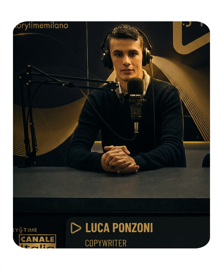 Luca Ponzoni copywriter in studio radiofonico durante un'intervista